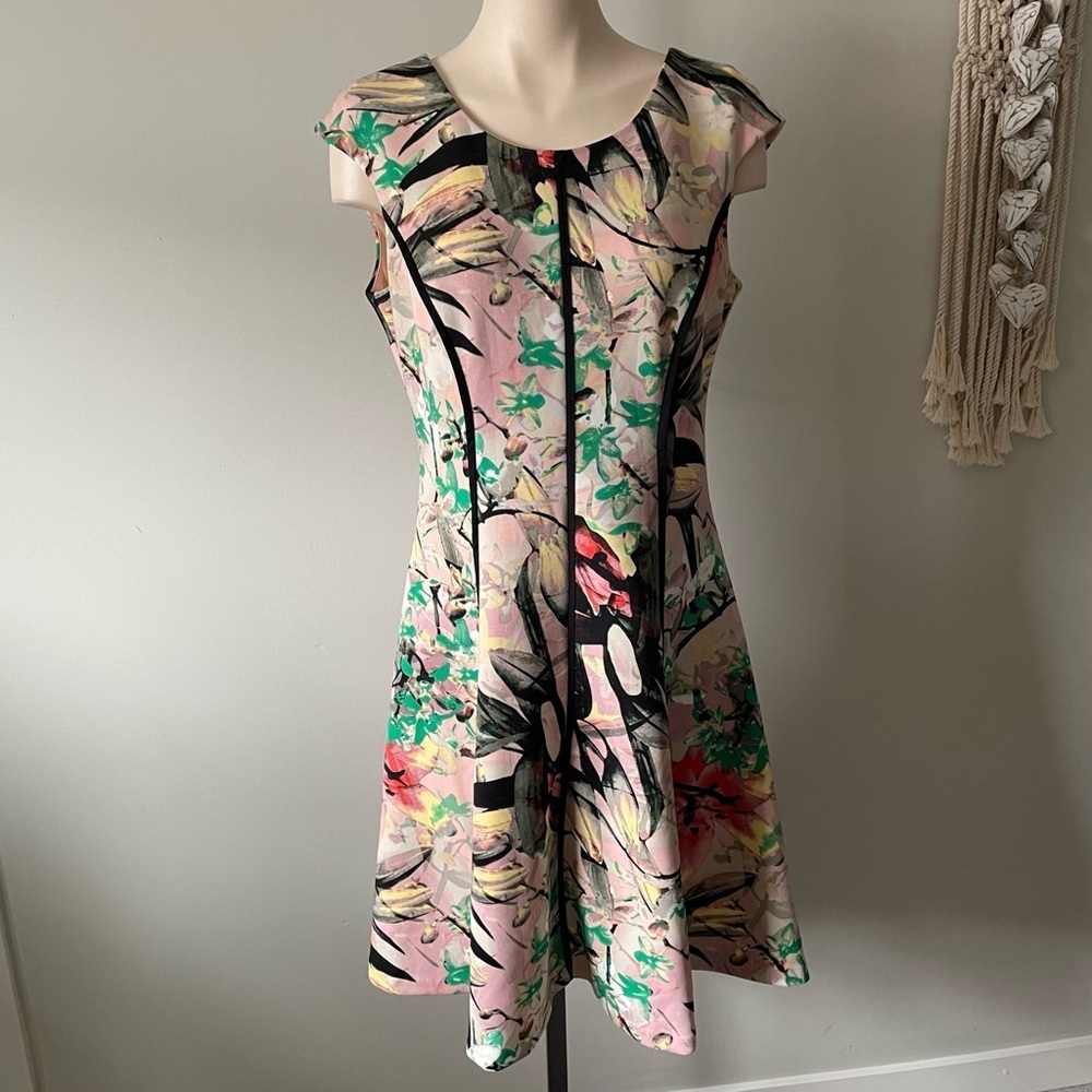 JAX Floral Fit & Flare A Line Dress Pink Black Garden Party Size 8 Medium